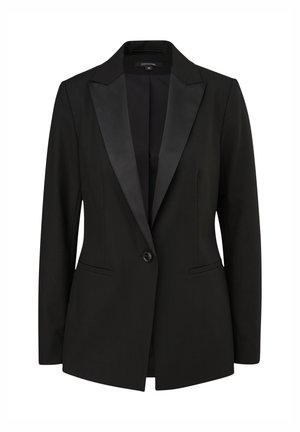 Black blazer with a satin lapel, single button closure, two front pockets, fitted design, and smooth texture. Suitable for formal occasions.