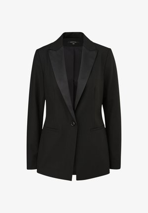 Schwarzer Blazer mit satinierter Revers, einreihiger Knopfverschluss, zwei Vorderaschen, taillierte Passform und glatte Textur. Geeignet für formelle Anlässe.