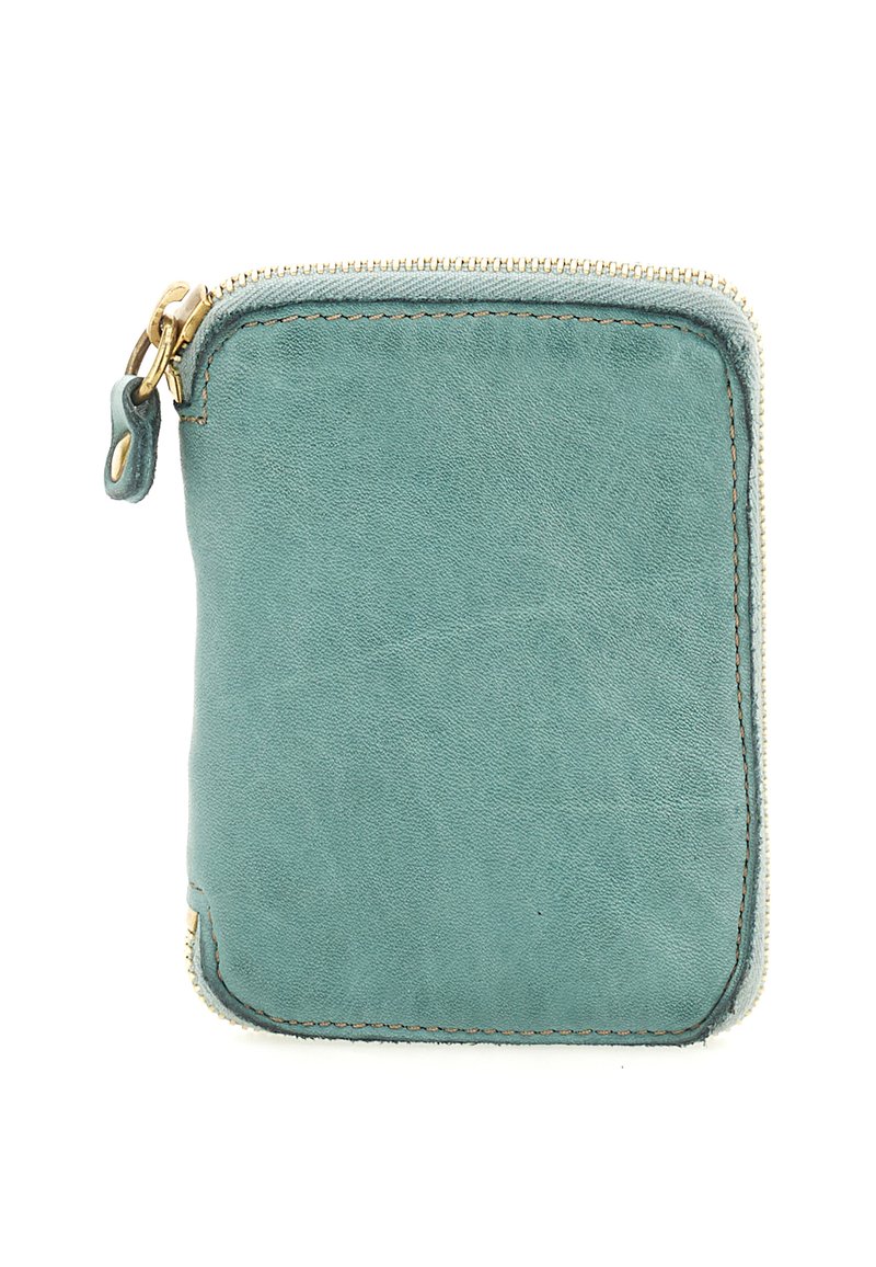 Piccola pochette in pelle teal con zip in ottone e linguetta, forma quadrata con angoli arrotondati.
