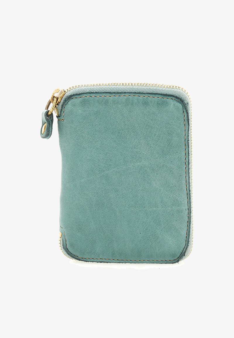 Piccola pochette in pelle teal con zip in ottone e linguetta, forma quadrata con angoli arrotondati.