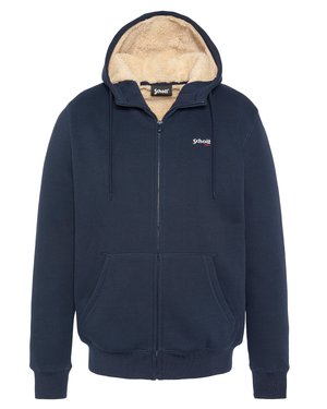 Veste à capuche zippée marine avec un intérieur encre crème, deux poches avant, une capuche réglable avec cordon de serrage et des poignets et un ourlet côtelés.