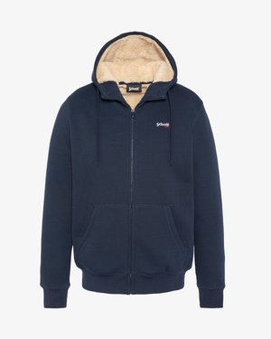 Marineblauwe zip-up hoodie met een gevoerde, crèmekleurige binnenkant, twee voorkruiszakken, verstelbare trekkoordkap en ribgebreide manchetten en zoom.