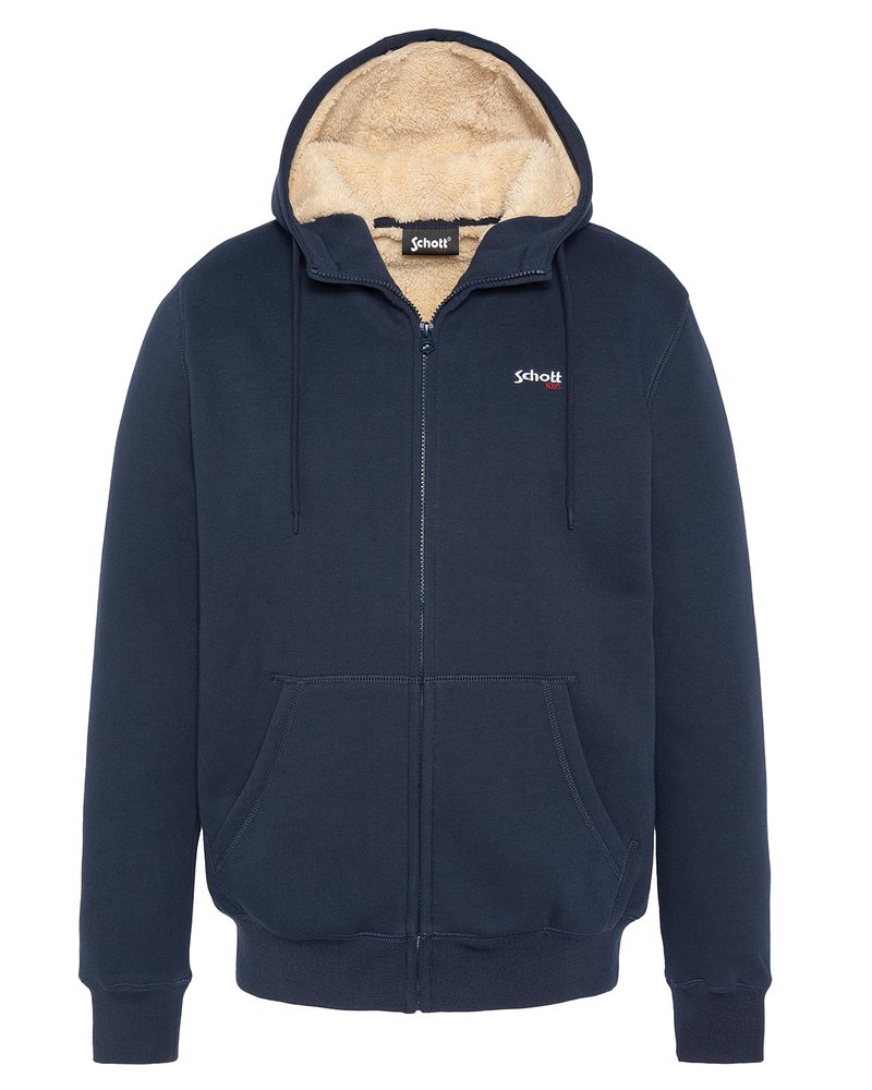 Sudadera con cremallera de color azul marino con un interior forrado en color crema, dos bolsillos frontales, capucha ajustable con cordón y puños y dobladillo acanalados.