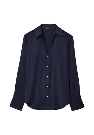 Blouse bleu marine à manches longues avec boutons, col pointu et poignets larges, présentée sur fond blanc.