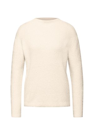 Pull à manches longues de couleur crème avec une texture côtelée et un col rond. Design simple et épuré, tissu doux. Coupe droite.