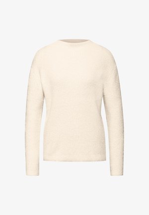 Pull à manches longues de couleur crème avec une texture côtelée et un col rond. Design simple et épuré, tissu doux. Coupe droite.