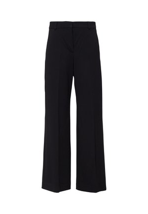 Pantaloni neri a vita alta e gamba larga con passanti per cintura e chiusura frontale nascosta, mostrati su uno sfondo bianco.