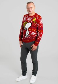 Maglione rosso lavorato a maglia con Snoopy e Woodstock, decorato con motivi a fiocco di neve e accenti colorati. Abbinato a pantaloni grigio scuro e sneakers bianche.