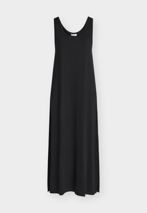 Black sleeveless maxi dress with scoop neckline and straight loose fit hanging against a plain light background.