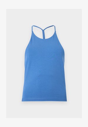 Μπλε αμάνικο τοπ με στενούς ιμάντες και λεπτομέρεια σε σχήμα Τ στην πλάτη, εμφανιζόμενο σε ανοιχτό γκρι φόντο.