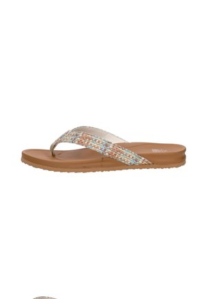 Brown flat flip-flop sandal with textured multicolor fabric strap in blue, orange, and beige, shown from the side on a white background.