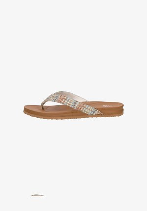 Brown flat flip-flop sandal with textured multicolor fabric strap in blue, orange, and beige, shown from the side on a white background.