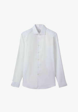 Biała koszula z długim rękawem, zapinana na guziki, z wyciąganym kołnierzykiem, gładką fakturą, pionowymi przeszyciami i zaokrąglonym dołem.