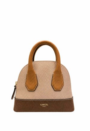 Sac à main en cuir beige et marron à forme arrondie, double poignée, fermeture éclair dorée, marqué Lancel Paris sur la partie basse avant.