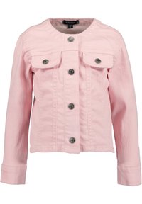 Giacca di jeans rosa con colletto, due tasche sul petto e cinque bottoni. Presenta un tessuto texture e maniche lunghe con polsini abbottonati.