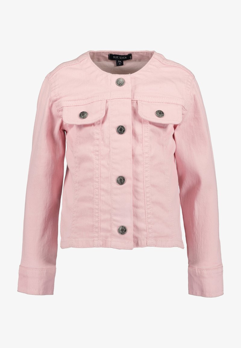 Giacca di jeans rosa con colletto, due tasche sul petto e cinque bottoni. Presenta un tessuto texture e maniche lunghe con polsini abbottonati.