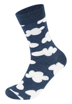 Navy blue socks with a soft texture, featuring white cloud patterns and a ribbed cuff. Ankle-length with a rounded toe design.