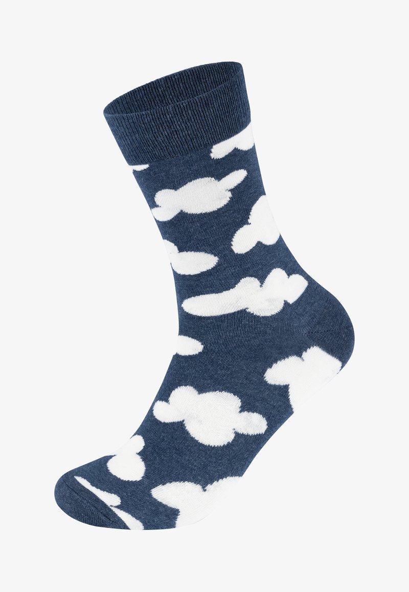 Sosete de culoare albastru-marinar cu o textură moale, având modele de nori albi și o margine împletită. Lungime până la gleznă cu un design în vârf rotund.