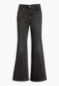 Jean denim noir taille haute avec fermeture à boutons à l'avant, cinq poches et jambes larges évasées.