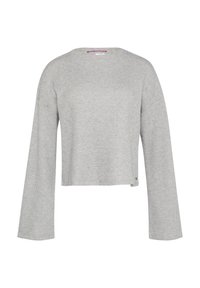 Grauer, langärmeliger, kürzer geschnittener Pullover mit einem strukturierten Waffelstrickdesign. Runder Halsausschnitt und ein unvollendetes Saumdetail am unteren Ende.