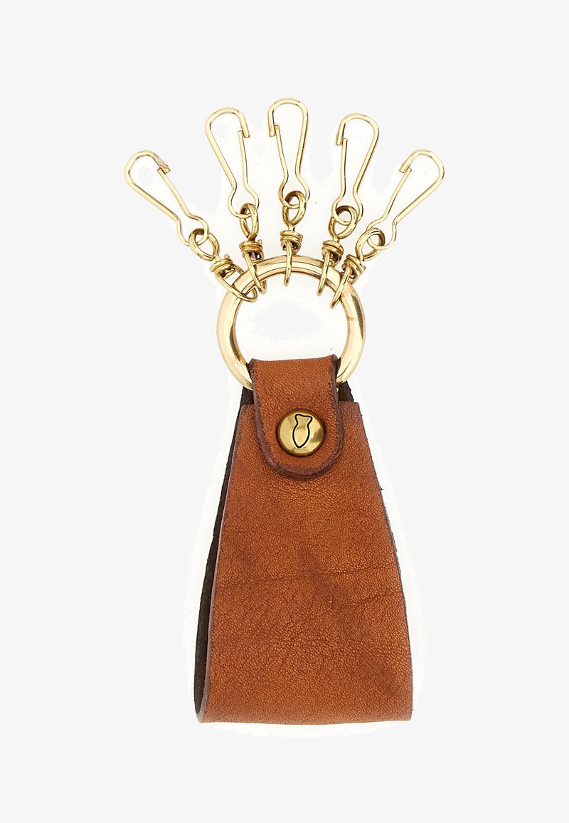 Portachiavi in pelle marrone con un anello metallico dorato e cinque clip dorate, dotato di dettaglio a bottone a pressione per fissare chiavi o accessori.