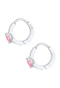 Boucles d'oreilles en argent en forme de cercle, présentant une pierre rose en forme de cœur, surface lisse, finition polie et un design à fermeture à charnière.