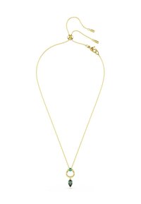 Gouden kettinkje met verstelbare sluiting, voorzien van een ronde hanger met een kleine groene steen en een druppelvormige groene edelsteen.