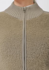 Μπεζ πουλόβερ με φερμουάρ και απαλό, χνουδωτό ύφασμα, με ριμπ ύφανση στο ψηλό γιακά και ασημένιο φερμουάρ, που τονίζει μια απαλή, ζεστή εμφάνιση.