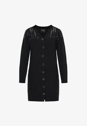 Czarny kardigan z dekoltem w serek, długimi rękawami, przednimi guzikami z metalowymi akcentami oraz cekinami na ramionach. Miękka tekstura.