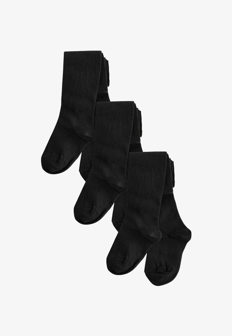 Collant neri in cotone, set di quattro. Presentano una superficie liscia, una vita elastica e una punta rinforzata. Colore uniforme con una leggera lucentezza.