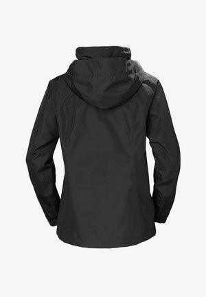 Schwarze wasserdichte Jacke mit Kapuze, langen Ärmeln, elastischen Bündchen und geradem Schnitt. Glatte Textur und minimalistisches Design ohne Verzierungen.