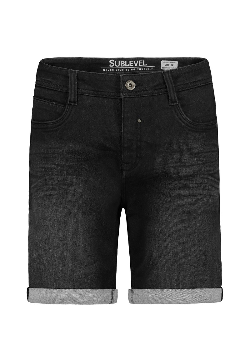 Black denim shorts with rolled-up cuffs, five-pocket design, and subtle fading. Features a button closure and dark, textured fabric.