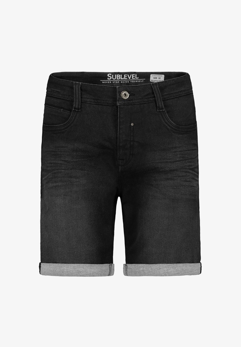 Black denim shorts with rolled-up cuffs, five-pocket design, and subtle fading. Features a button closure and dark, textured fabric.
