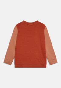 Maglione a maniche lunghe con corpo rosso e maniche marroni chiaro. Realizzato in tessuto morbido, presenta un collo rotondo e polsini a coste.