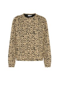 Felpa con stampa leopardo in beige con macchie nere. Caratterizzata da un colletto tondo, maniche lunghe e bottoni decorativi sulla spalla. Tessuto morbido.