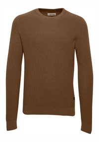 Brown, knitted sweater with a round neckline, long sleeves, and ribbed cuffs. Features a simple design without visible patterns or accents.