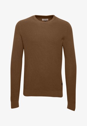 Brauner, gestrickter Pullover mit rundem Halsausschnitt, langen Ärmeln und gerippten cuffs. Hat ein schlichtes Design ohne sichtbare Muster oder Akzente.