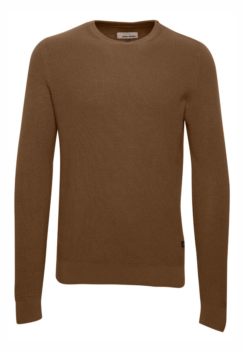 Brown, knitted sweater with a round neckline, long sleeves, and ribbed cuffs. Features a simple design without visible patterns or accents.