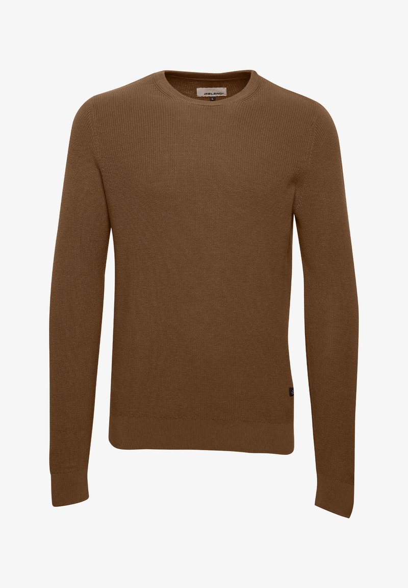 Brauner, gestrickter Pullover mit rundem Halsausschnitt, langen Ärmeln und gerippten cuffs. Hat ein schlichtes Design ohne sichtbare Muster oder Akzente.