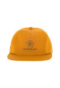 Casquette jaune en coton avec une visière plate. Dotée d'une broderie de logo gris et d'un bouton supérieur arrondi. Design simple et structuré.