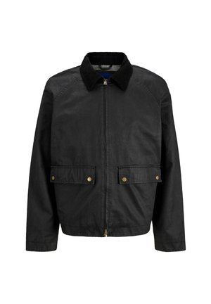 Juodas medvilnės švarkas su užtrauktuku, kordūrinė apykaklė, dvi priekinės kišenės su auksinėmis sagomis ir tekstūruotas paviršius.