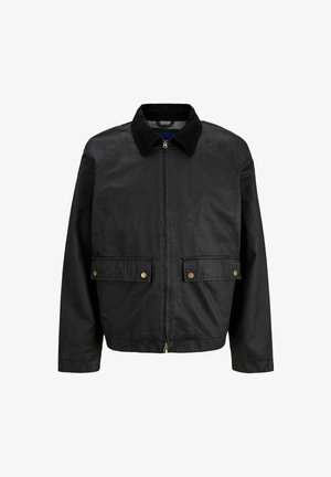 Juodas medvilnės švarkas su užtrauktuku, kordūrinė apykaklė, dvi priekinės kišenės su auksinėmis sagomis ir tekstūruotas paviršius.