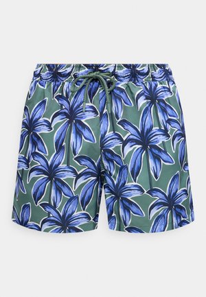 Vyriški žali maudymosi šortai su mėlynu tropinių palmės lapų raštu ir reguliuojamu raišteliu juosmens srityje.