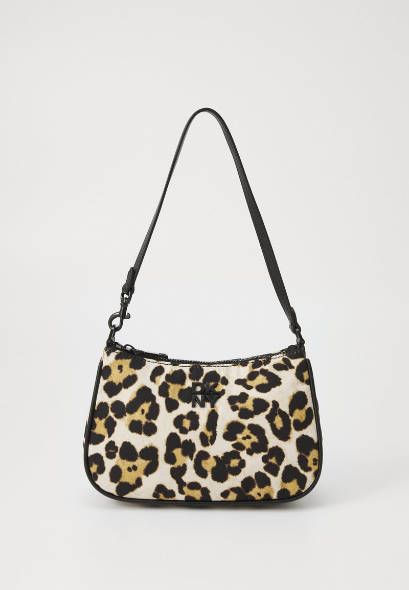 Lauvas raksta rokas soma ar melnu plecu siksnu, ar rāvējslēdzēju un melnu DKNY logo priekšpusē. Gluda tekstūra un izliekta forma.