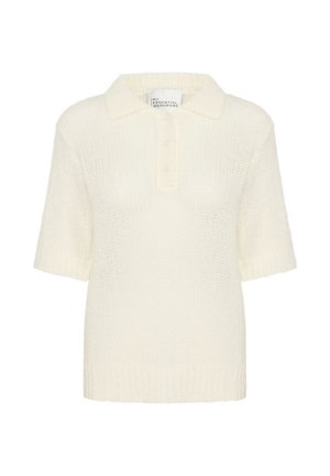 Puuvillane lühikeste varrukatega polo-sviiter kreemjas värvitoonis, millel on tekstureeritud kudumine, soonikust krae ja kolm nuppu nööbistikul. Kerge materjal.