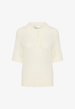 Puuvillane lühikeste varrukatega polo-sviiter kreemjas värvitoonis, millel on tekstureeritud kudumine, soonikust krae ja kolm nuppu nööbistikul. Kerge materjal.