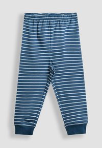 Blaue gestreifte Leggings aus weichem Stoff, mit weißen horizontalen Streifen, einem elastischen Bund und enganliegenden Bündchen für zusätzlichen Komfort.