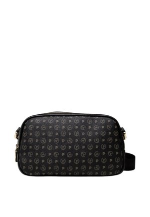 Borsa a tracolla sintetica nera con dettagli in oro, presenta un motivo a logo su tutta la superficie, una chiusura a zip e una tracolla regolabile. Forma rettangolare.