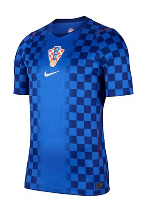 Niebieska koszulka piłkarska z krótkim rękawem z ciemnoniebieskim wzorem w szachownicę, herbem reprezentacji Chorwacji i białym logo Nike na piersi.