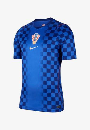 Niebieska koszulka piłkarska z krótkim rękawem z ciemnoniebieskim wzorem w szachownicę, herbem reprezentacji Chorwacji i białym logo Nike na piersi.